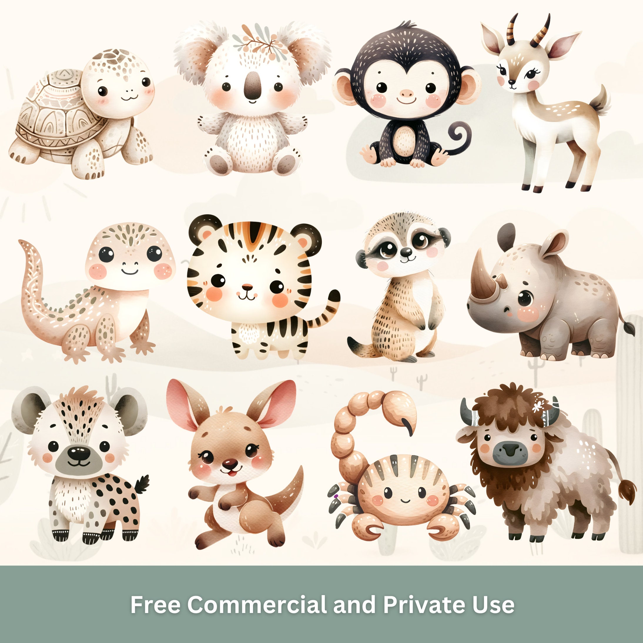 Safari Baby Animals PNG Bundle - Watercolor Cute Jungle Clipart, Baby ...