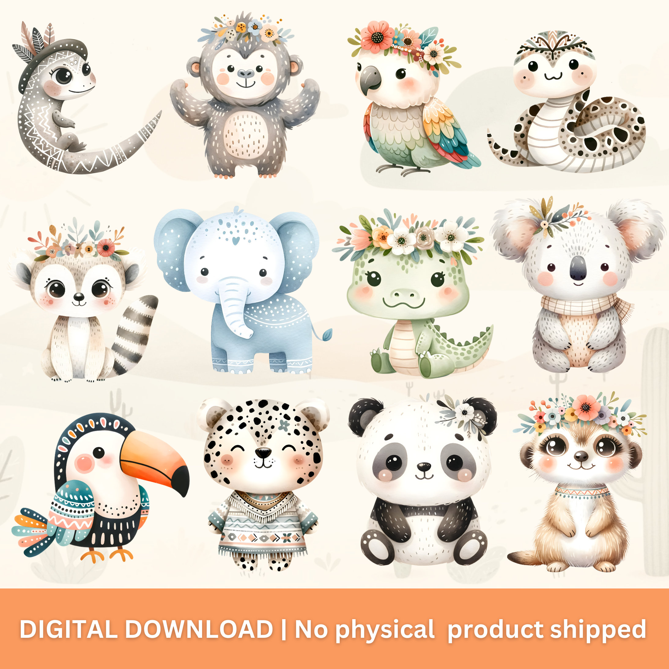 Boho Safari Baby Animals PNG Bundle - Cute Watercolor Jungle Animals ...