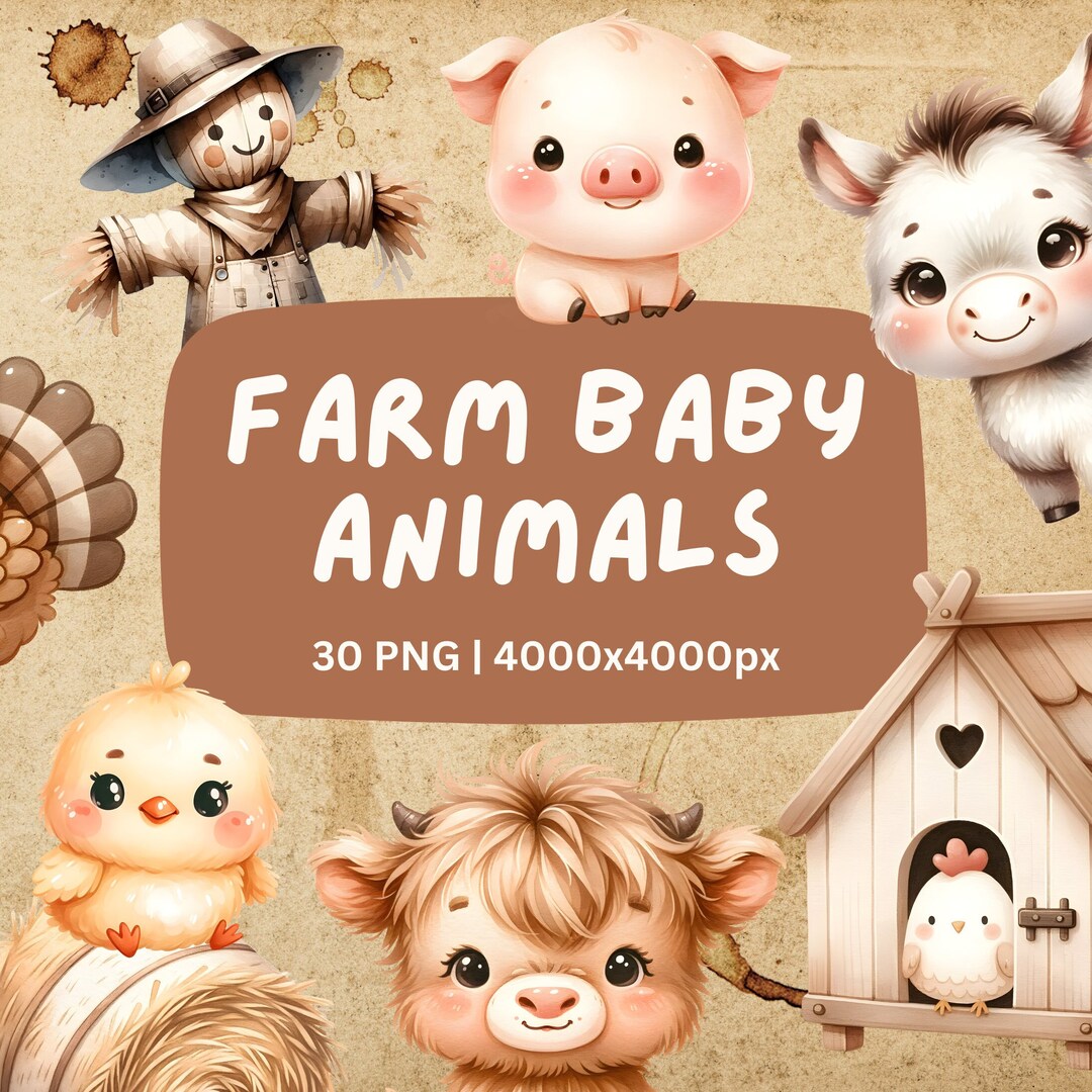 Farm Baby Animals PNG Bundle Clipart - Cute and Sweet Watercolor Farm ...