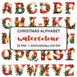 Imágenes Prediseñadas del alfabeto de acuarela de Navidad - Letras PNG decorativas descargables - Letras de garabatos coloridas festivas