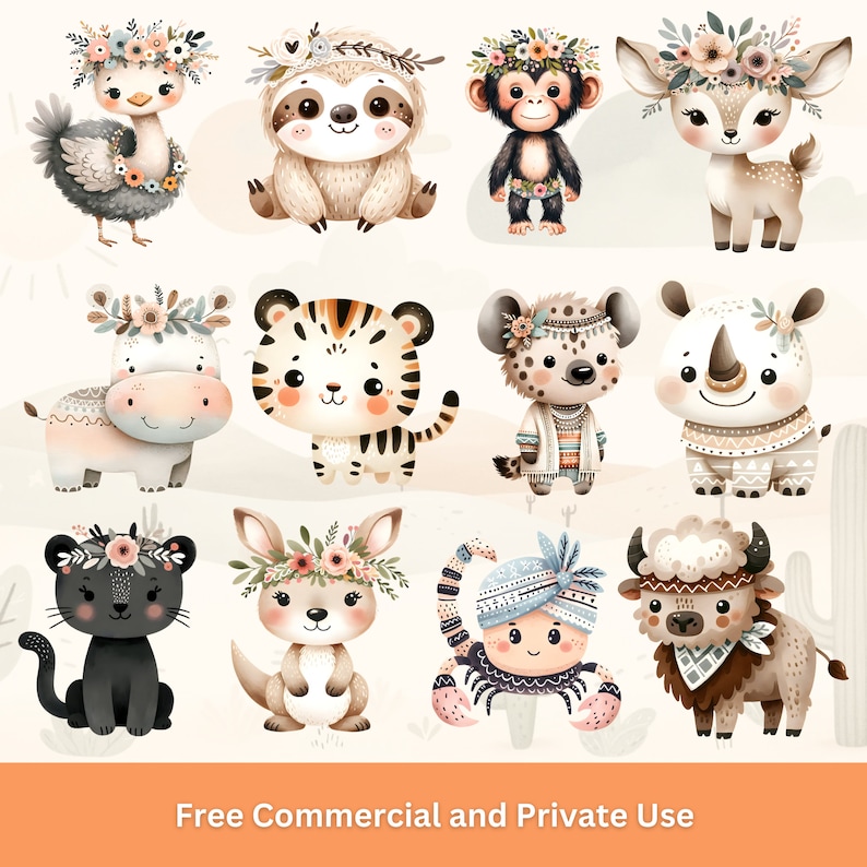 Boho Safari Baby Animals PNG Bundle - Cute Watercolor Jungle Animals ...