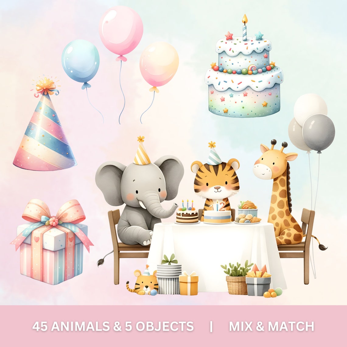 Safari Birthday Animals PNG Bundle - Watercolor Cute Jungle Party ...