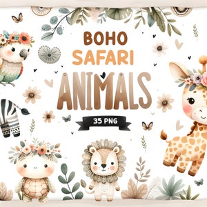 Ensemble PNG Boho Safari bébés animaux - Clipart mignon animaux de la jungle aquarelle pour baby shower et chambre de bébé