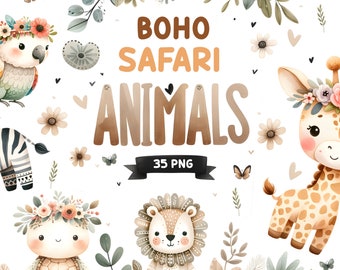 Boho Safari Baby Animals PNG Bundle - Simpatici animali della giungla dell'acquerello Clipart per Baby Shower e Nursery