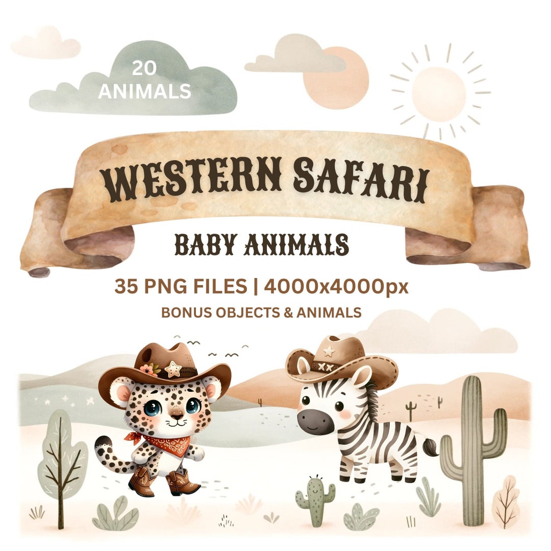 Western Safari Baby Animals PNG Bundle - Cute Watercolor Boho Jungle ...