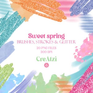 Puede incluir: Un conjunto de 20 trazos de pincel digitales y texturas de purpurina en varios colores pastel, incluyendo rosa, azul, verde y naranja. Las texturas son perfectas para agregar un toque de fantasía y brillo a los diseños digitales. El texto "Sweet Spring Brushes, Strokes & Glitter 20 PNG Files 300 DPI CreAtzi" se muestra en el centro de la imagen.