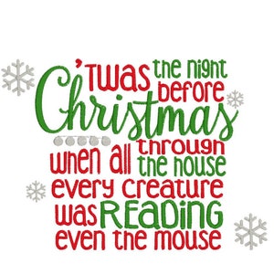 Reading Pillow Embroidery Design &#39;Twas the night before Christmas and everyone was reading&#39; Machine Embroidery Design [PES file ONLY]