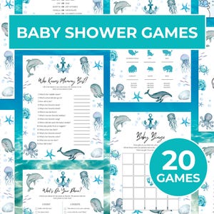 Ocean-Babyparty-Spiele-Bundle, Sea Life-Babyparty-Spiele, Nautische Babyparty-Bingo-Party-Aktivitäten, Unter der Meer-Babyparty-Trivia-Karte