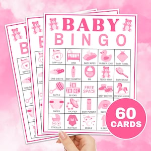 Jeu imprimable de 60 cartes de bingo pour bébé, plateaux de jeu de bingo pour douche de bébé, activité de shower de bébé ours rose et jeu de cartes de bingo préremplies B59