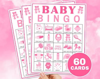 60 Baby Bingo Cards Printable Game, Baby Girl Shower Bingo Game Boards, Pink Bear Baby Girl Shower Activity Prefilled Bingo Cards Game B59