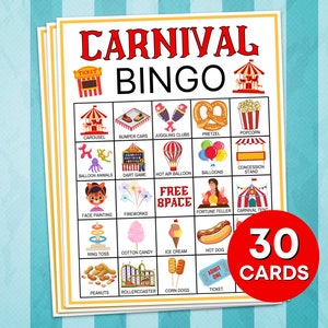 30 Carnival Bingo Cards Printable Game, Carnival Party Bingo Boards Birthday Games, Circus Carnival Bingo Kids Classroom Activity Game B23