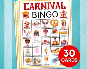 30 Carnival Bingo Cards Printable Game, Carnival Party Bingo Boards Birthday Games, Circus Carnival Bingo Kids Classroom Activity Game B23
