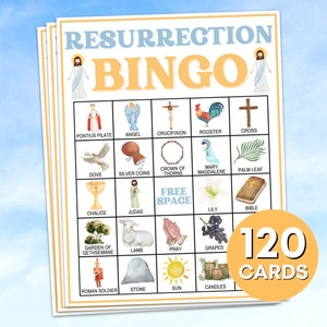 120 opstanding bingokaarten afdrukbaar spel, Paaszondag Bijbel Bingospel, Pasen Christelijke Religieuze Bingo Bordactiviteit Kerkspel B39