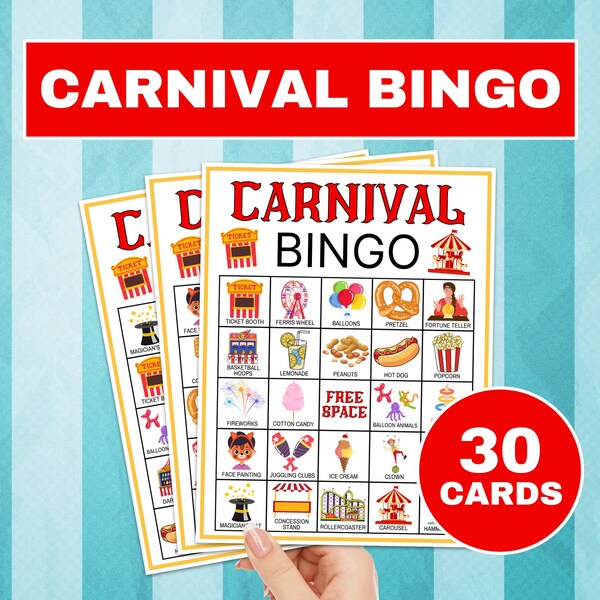 30 Karneval Bingo Karten Druckbares Spiel, Karneval Party Bingo Bretter Geburtstagsspiele, Zirkus Karneval Bingo Kinder Klassenzimmer Aktivität Spielkarten