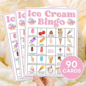 90 cartas de bingo de helado juego imprimible, juego de bingo de fiesta de cumpleaños de helado, actividad en el aula de fiesta de helado, bingo de verano para niños B43