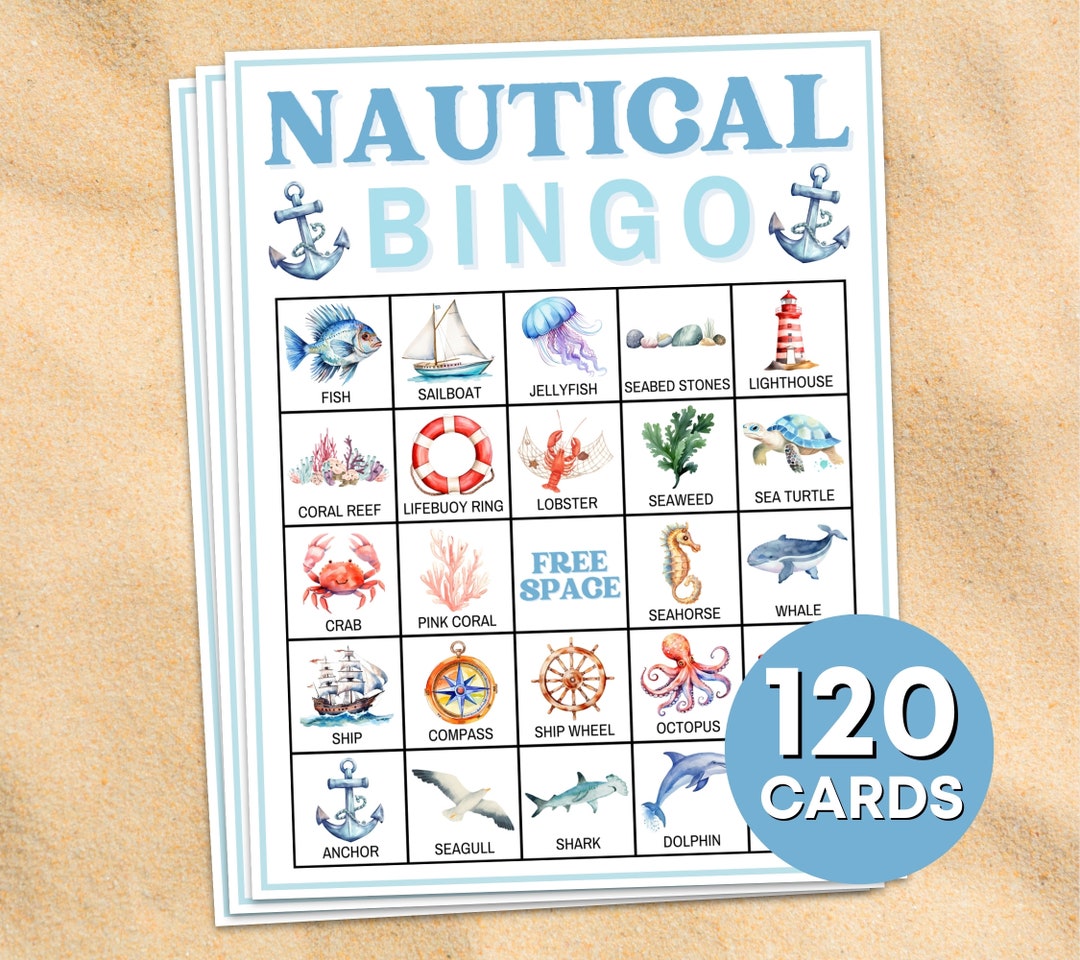 120 Nautical Bingo Cards Printable Game, Ocean Nautical Birthday Party