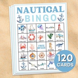 Juego imprimible de 120 cartas de bingo náuticas, juego de bingo de fiesta de cumpleaños náutico del océano, tableros de bingo de vela, actividad de juego de fiesta para niños B54