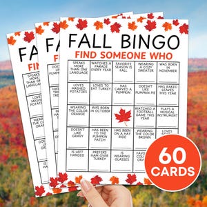 Jeu imprimable de 60 cartes de bingo automne Mingle, automne automne trouver quelqu'un qui bingo, planche de bingo brise-glace automne, trouver l'invité bingo de Thanksgiving