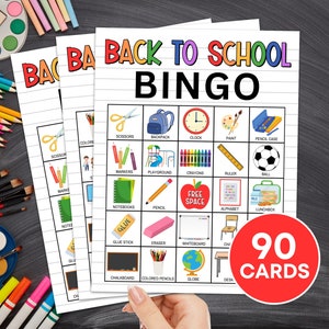 Jeu imprimable de 90 cartes de bingo pour la rentrée, activité de jeu de bingo pour la rentrée des classes pour les enfants, activité de bingo sur le vocabulaire en classe