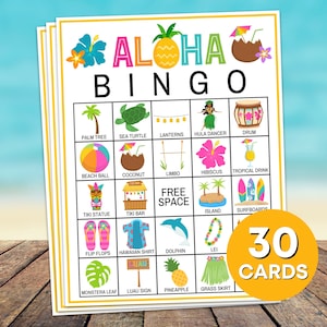 30 Aloha Bingo Karten Spiel, Luau Hawaiianische Geburtstagsparty Bingo Bretter, Luau Party Bingo Spiel Aktivität, Hawaiische Gesellschaftsspiele B31
