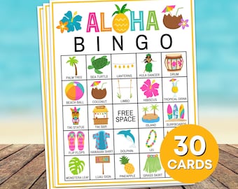 30 Aloha Bingo Cards Juego imprimible, Luau Hawaiian Birthday Party Bingo Boards, Luau Party Bingo Game Activity, Hawaiian Party Games B31