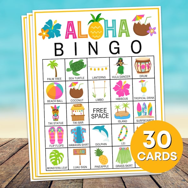 30 Aloha Bingo Cards Printable Game, Luau Hawaiian Birthday Party Bingo Boards, Luau Party Bingo Game Activity, Hawaiian Party Games B31