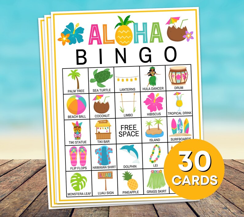 30 Aloha Bingo Cards Printable Game, Luau Hawaiian Birthday Party Bingo ...