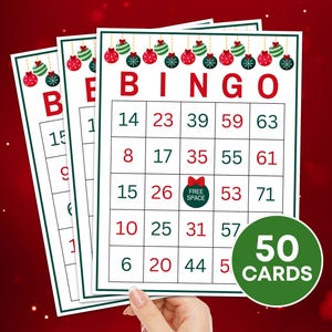 Juego de bingo navideño imprimible de 50 tarjetas, juego de mesa de bingo navideño para niños, juego de bingo de fiesta navideña, actividad de bingo navideña para el aula