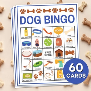 60 Carte Bingo per cani Gioco stampabile, Gioco di carte Bingo per cuccioli, Gioco di Bingo per feste di compleanno per cani, Tabelloni Bingo per amanti dei cani Attività in classe B66