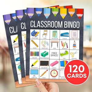 Jeu imprimable de 120 cartes de bingo pour la salle de classe, activité de jeu de bingo pour la première journée de la rentrée pour les enfants, activité de bingo sur le vocabulaire avec des fournitures scolaires