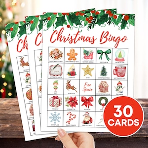 Jeu imprimable de 30 cartes de bingo de Noël, plateau de bingo de Noël, jeu de bingo pour fête de Noël, Noël pour les enfants, activité de bingo pour les fêtes en classe