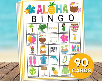 90  Aloha Bingo Cards Printable Game, Luau Hawaiian Birthday Party Bingo Boards, Luau Party Bingo Game Activity, Hawaiian Party Games B31