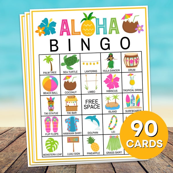 90  Aloha Bingo Cards Printable Game, Luau Hawaiian Birthday Party Bingo Boards, Luau Party Bingo Game Activity, Hawaiian Party Games B31