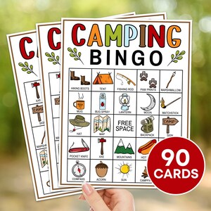 90 tarjetas de bingo para acampar juego imprimible, actividad de juego de bingo para fiesta de camping, juego de bingo de campamento de verano para niños, actividades de campamento para niños B34