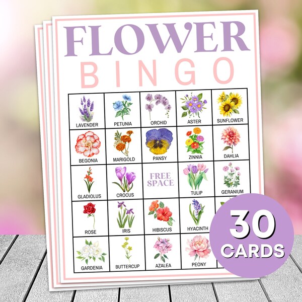 30 Flower Bingo Cards Printable Game, Floral Spring Bingo Boards Kids Classroom Activity, Garden Party Bingo Game, Gardening Bingo Game B62