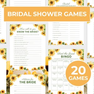 Paquete imprimible de juegos de despedida de soltera de girasol, Juegos de actividades de despedida de soltera florales amarillos, Juegos de despedida de soltera de fiesta nupcial Imprimibles