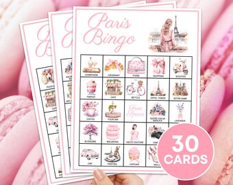 30 cartas de bingo de Paris jogo para impressão, jogo de tabuleiro de bingo estético rosa Paris França, noite de meninas Paris chá de panela jogo de bingo B112