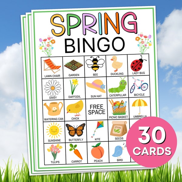 30 Spring Bingo Cards Printable Game, Spring Bingo Kids Classroom Activity, Kids Spring Party Game, Springtime Printable Bingo Boards Game