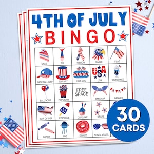 30, jeu imprimable de cartes de bingo du 4 juillet, 4 juillet, fête de l'indépendance des États-Unis, jeu de société de bingo-bingo, États-Unis, jeu de bingo du 4 juillet pour enfants B80