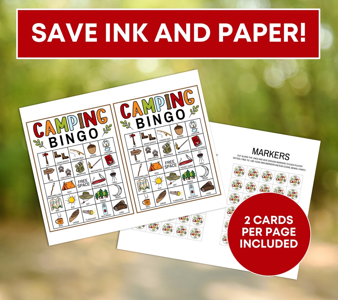 60 Camping Bingo Cards Printable Game, Camping Party Bingo Game ...