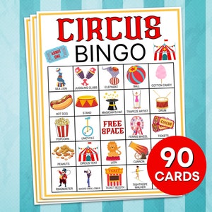 90 Circus Bingokaarten Afdrukbaar spel, Circus Party Bingo Spelborden, Circus Verjaardagsspellen, Afdrukbare Circus Carnaval Bingo Activiteit B12