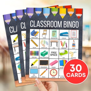 30 cartões de bingo em sala de aula para impressão, primeiro dia de volta às aulas, atividade de jogo de bingo para crianças, material escolar, atividade de bingo vocábulo