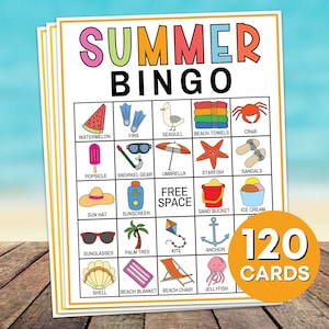 120 zomer bingokaarten afdrukbaar spel, zomer verjaardagsfeestje bingospel, zomervakantie bingo activiteit voor kinderen, zomerreizen bingo B29