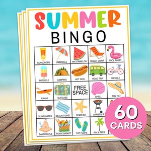 Juego imprimible de 60 cartas de bingo de verano, juego de bingo de fiesta de cumpleaños de verano, actividad de bingo de vacaciones de verano para niños, bingo de viajes de verano B27