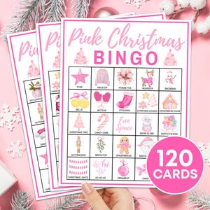 120 carte da bingo di Natale rosa stampabili, gioco da bingo per la festa di Natale delle ragazze, gioco da bingo per la festa di Natale delle ragazze, attività di bingo per le vacanze