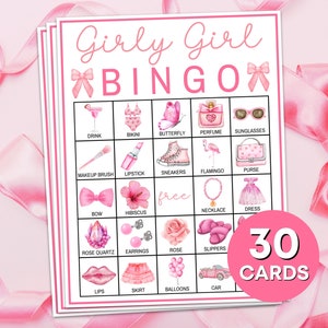 Jeu imprimable de 30 cartes de bingo esthétiques roses pour filles, planches de bingo coquette fille rose, jeu de bingo pour la fête d'anniversaire des filles, bingo de nuit entre filles B92