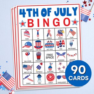 90 Juego imprimible de cartones de bingo del 4 de julio, juego de fiesta de tableros de bingo del Día de la Independencia de EE. UU. del 4 de julio, juego de bingo del 4 de julio de EE. UU. para niños B80