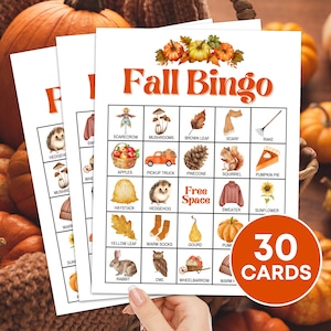 Jeu imprimable de 30 cartes de bingo d'automne, planches de bingo d'automne, activité de jeu de bingo de Thanksgiving pour les enfants, activité d'automne en classe B99