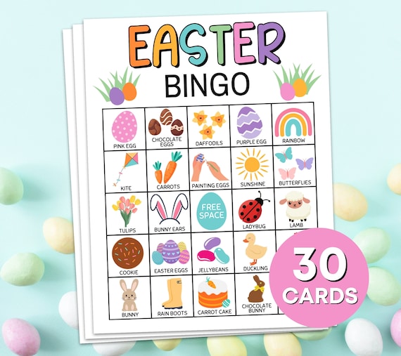 30 Easter Bingo Cards Printable Game, Easter Bingo Boards Activity for Kids, Bingo Easter Classroom Activity, Easter Printable Kids Game B4