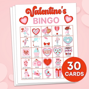 30 cartes de jeu de bingo à imprimer pour la Saint-Valentin, activités imprimables de cartes de bingo pour la Saint-Valentin, jeux d'activités de fête pour la classe de la Saint-Valentin pour enfants B2